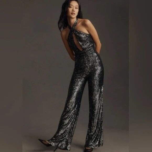 Anthropologie Maeve Sequin Flare Jumpsuit Halter Women's Size 4 Black - Picture 1 of 13